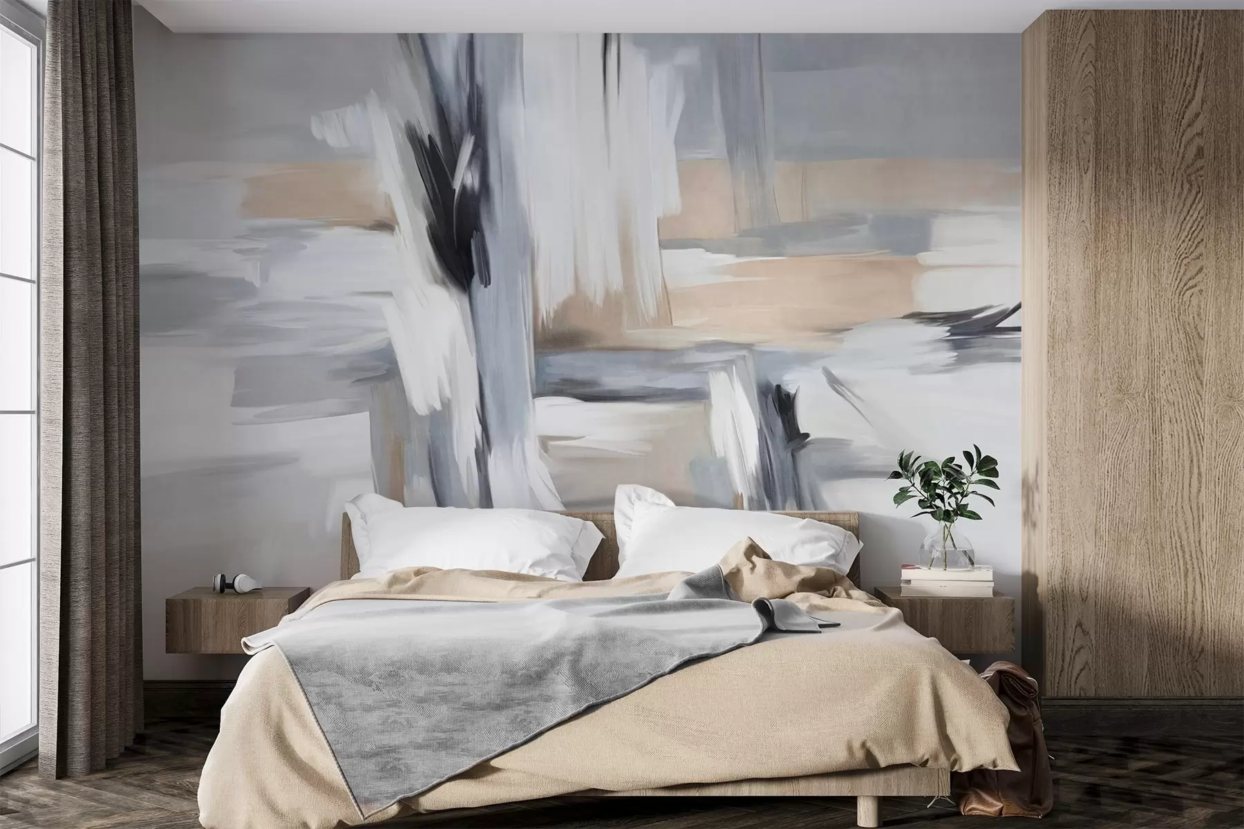 wall murals Апстрактни текстурирани стил сликања са потезима четкице у нијансама беле, сиве и беж w09651