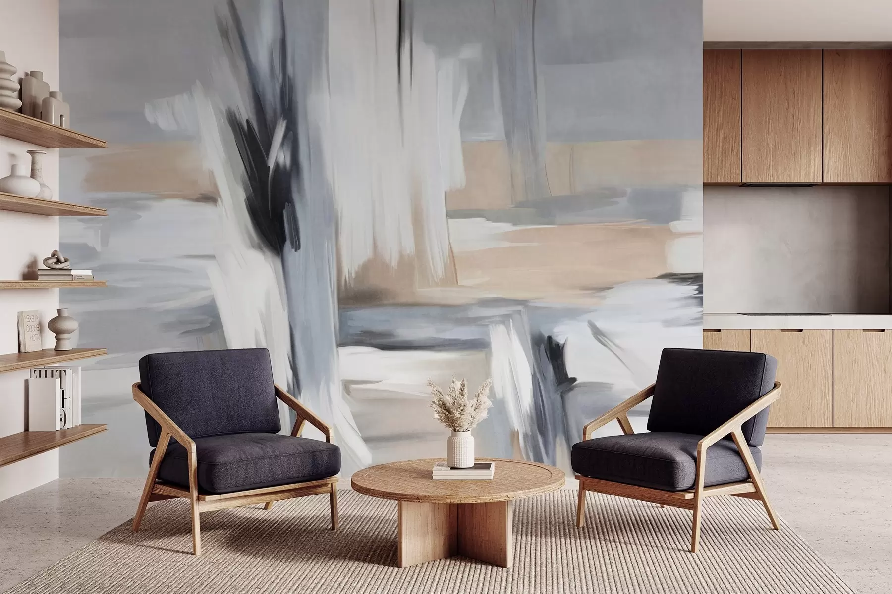 wall murals Апстрактни текстурирани стил сликања са потезима четкице у нијансама беле, сиве и беж w09651