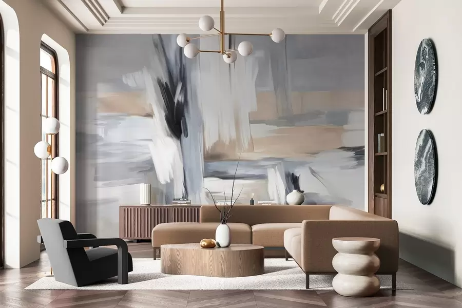 wall murals Апстрактни текстурирани стил сликања са потезима четкице у нијансама беле, сиве и беж w09651