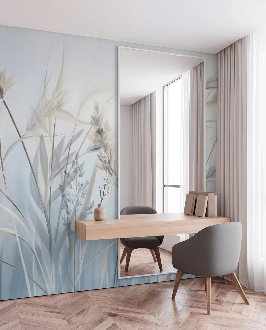 wall murals Високе, суве стабљике траве са пернатим врховима у пригушеним тоновима, мека, магловито плава и бела позадина w09652