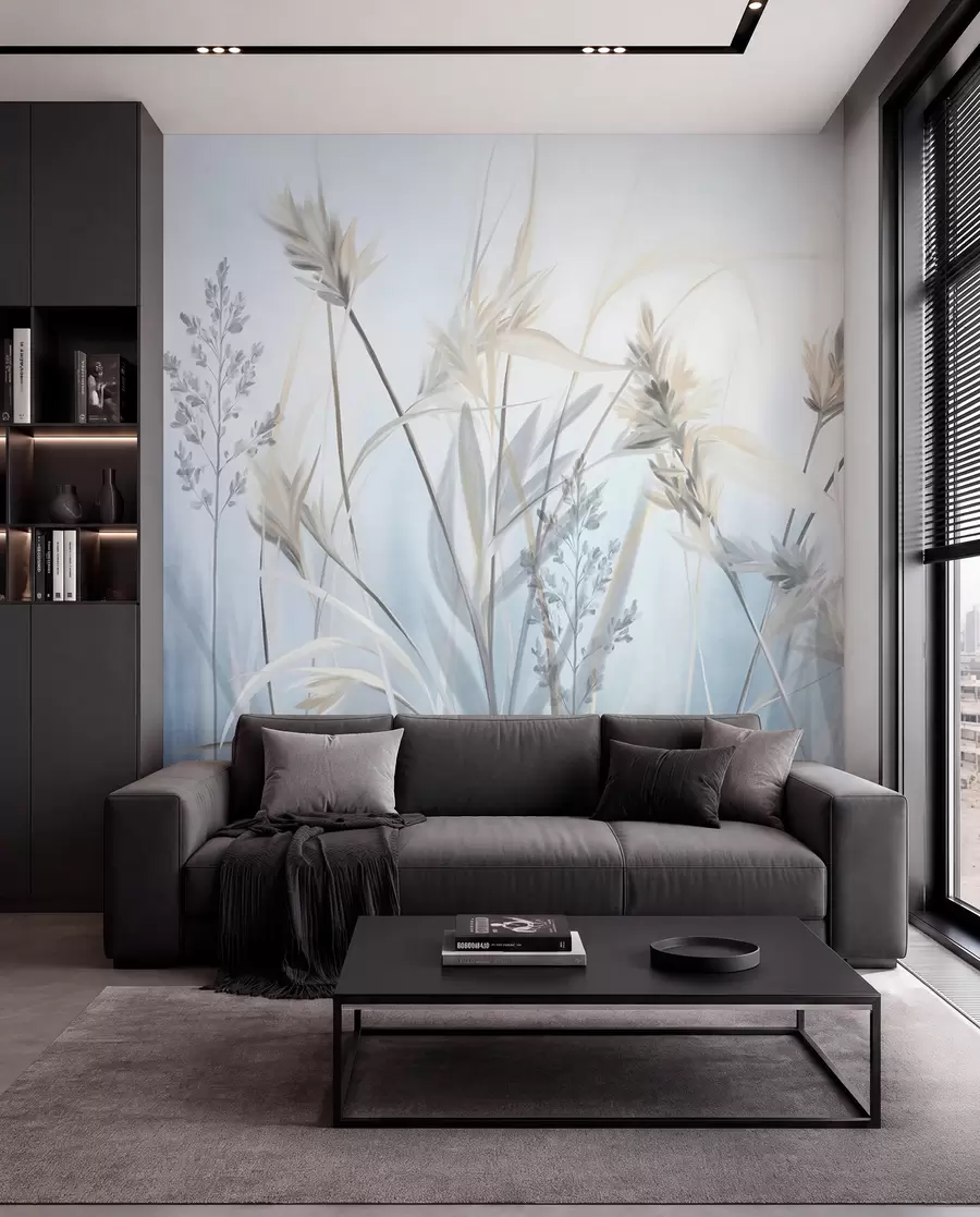 wall murals Високе, суве стабљике траве са пернатим врховима у пригушеним тоновима, мека, магловито плава и бела позадина w09652