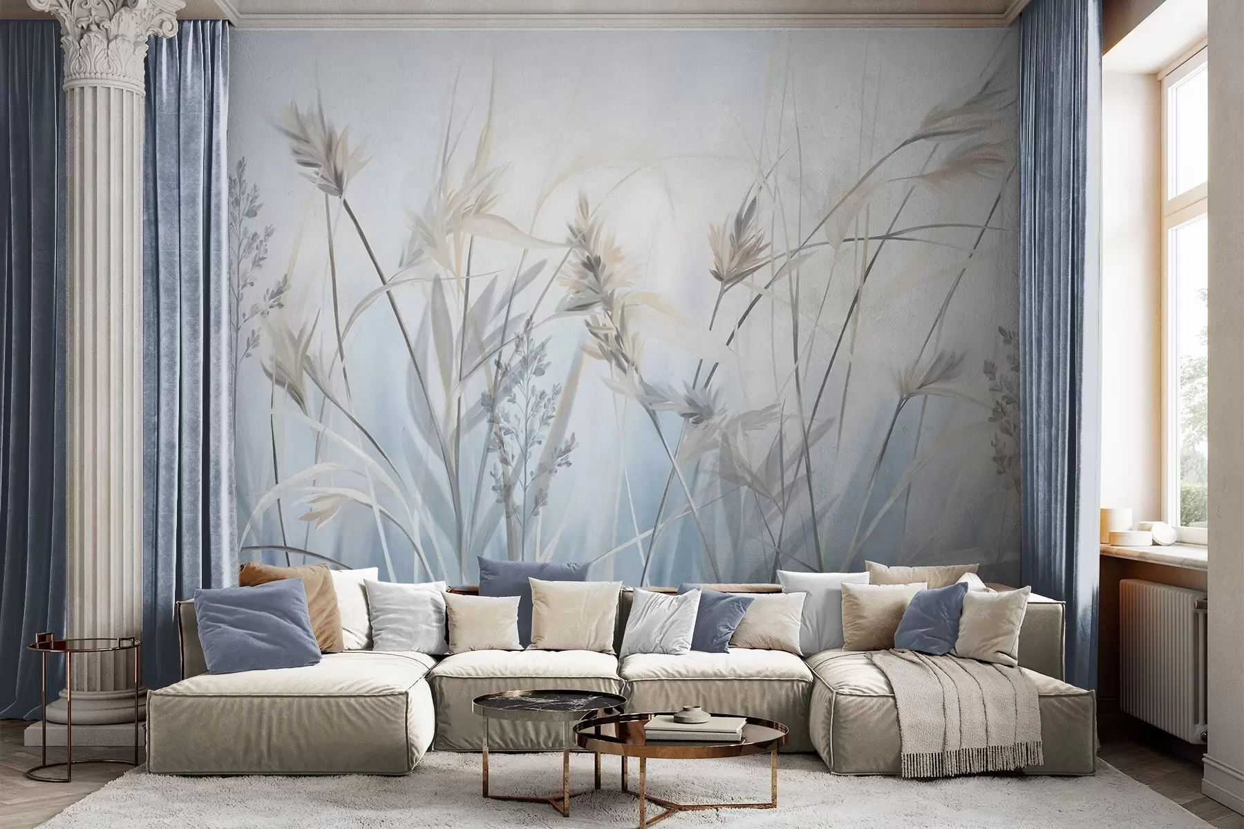 wall murals Високе, суве стабљике траве са пернатим врховима у пригушеним тоновима, мека, магловито плава и бела позадина w09652