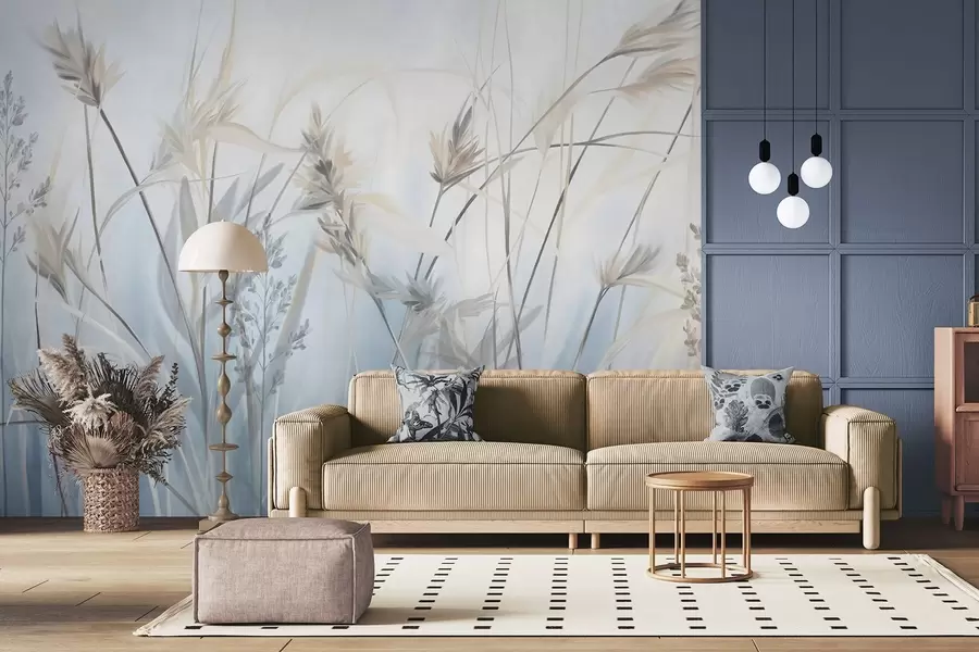 wall murals Високе, суве стабљике траве са пернатим врховима у пригушеним тоновима, мека, магловито плава и бела позадина w09652