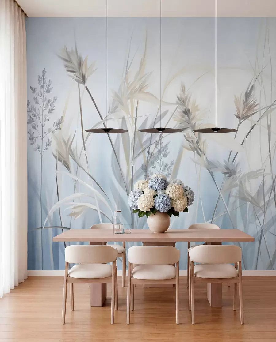 wall murals Високе, суве стабљике траве са пернатим врховима у пригушеним тоновима, мека, магловито плава и бела позадина w09652