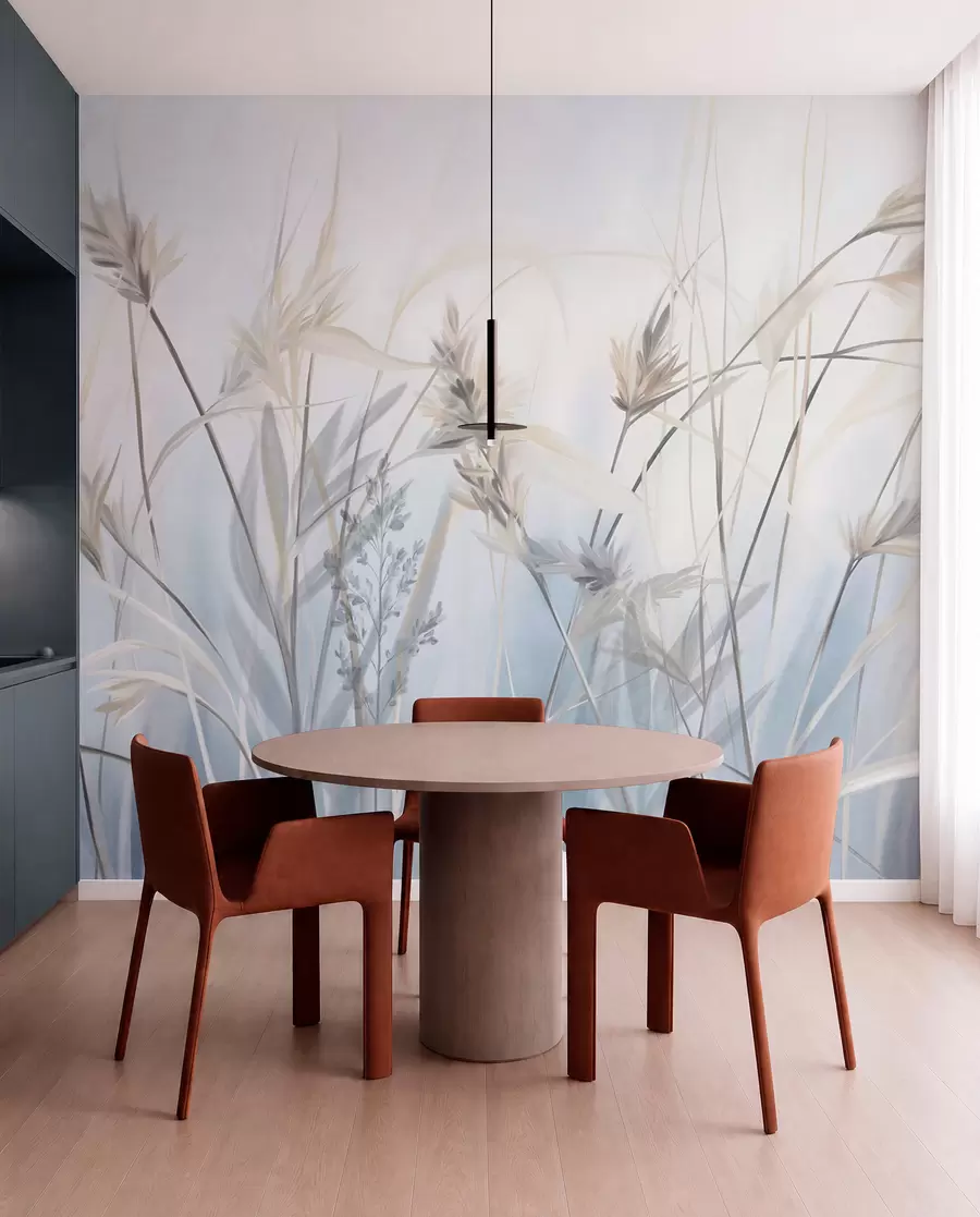 wall murals Високе, суве стабљике траве са пернатим врховима у пригушеним тоновима, мека, магловито плава и бела позадина w09652
