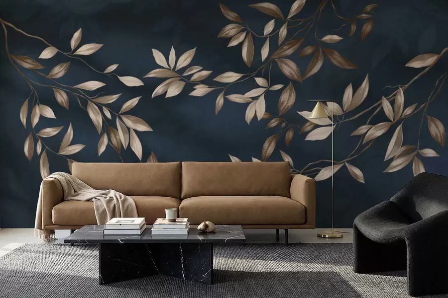 wall murals Декоративне лиснате гране на тамноплавој позадини w05113v1