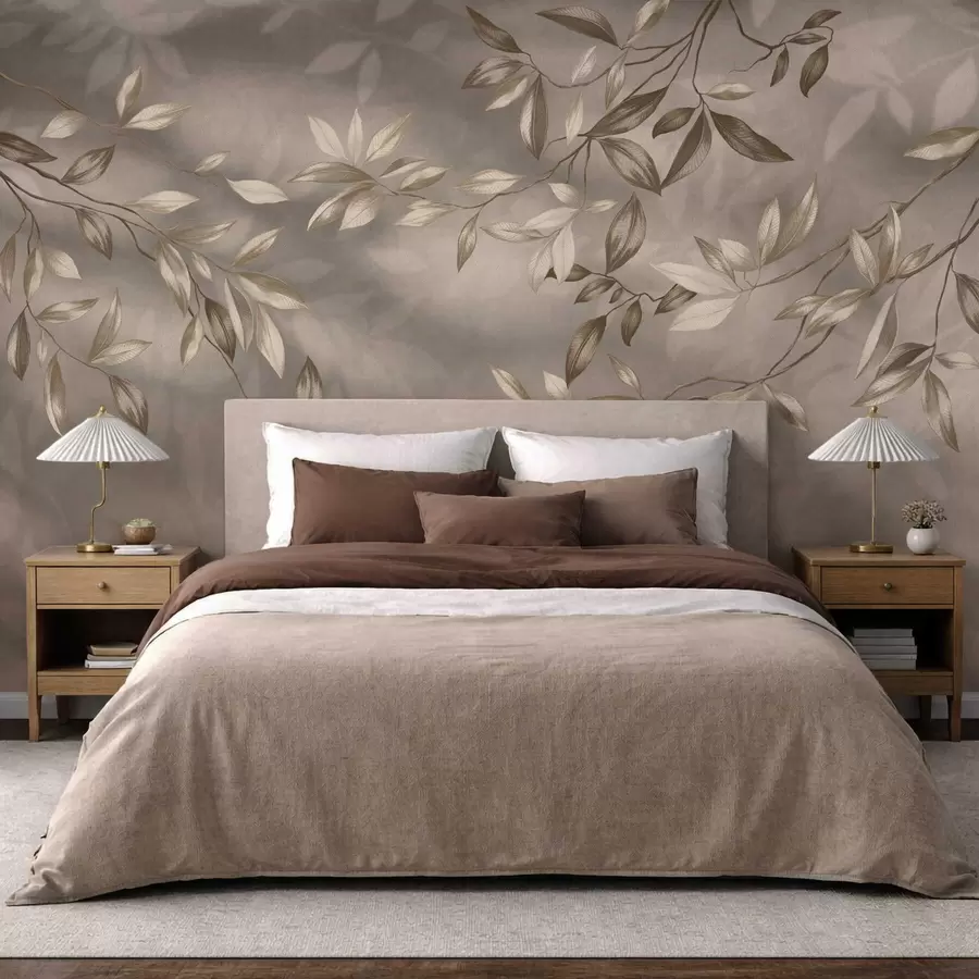 wall murals Нежне лиснате гране у беж тоновима на светлој позадини w05113v2