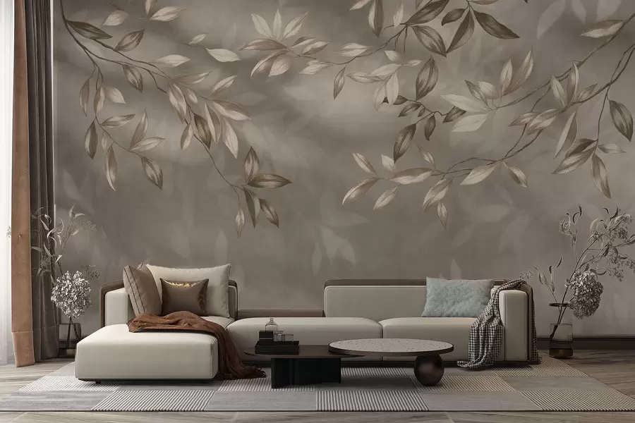 wall murals Нежне лиснате гране у беж тоновима на светлој позадини w05113v2
