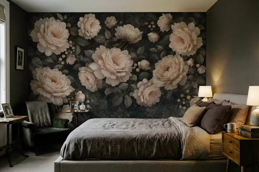 wall murals Волуменозно цвеће у беж палети на тамној позадини w05114