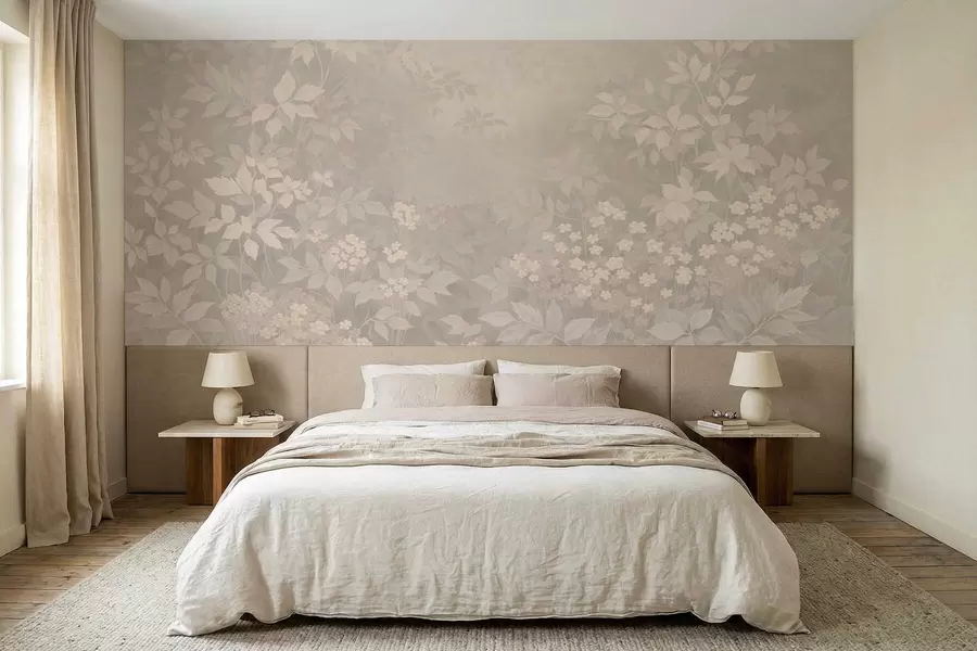 wall murals Меки ботанички узорак са лишћем и цвећем у магли w05115v1