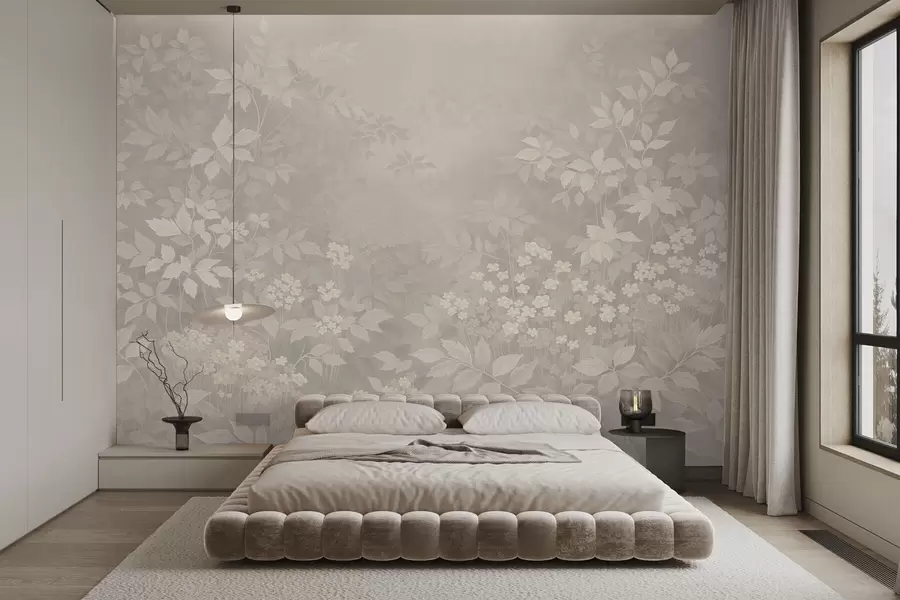wall murals Меки ботанички узорак са лишћем и цвећем у магли w05115v1