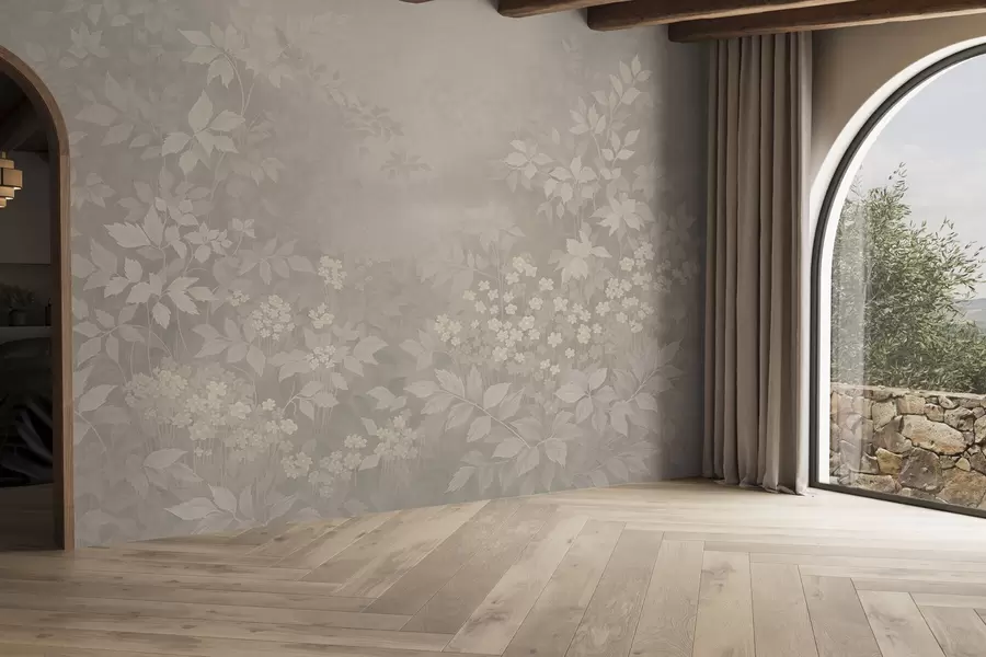 wall murals Меки ботанички узорак са лишћем и цвећем у магли w05115v1