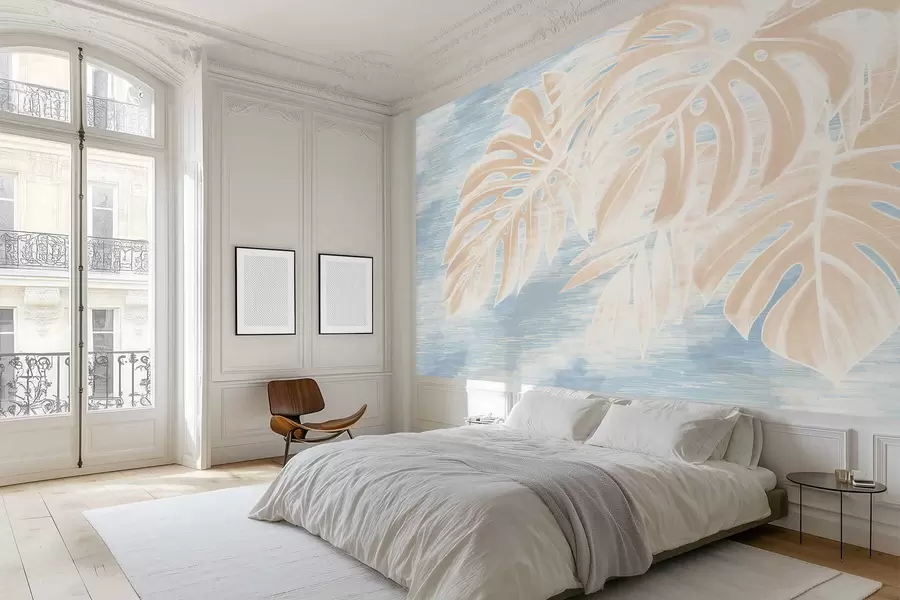 wall murals Апстрактно лишће у топлим беж тоновима на светлој позадини w05130