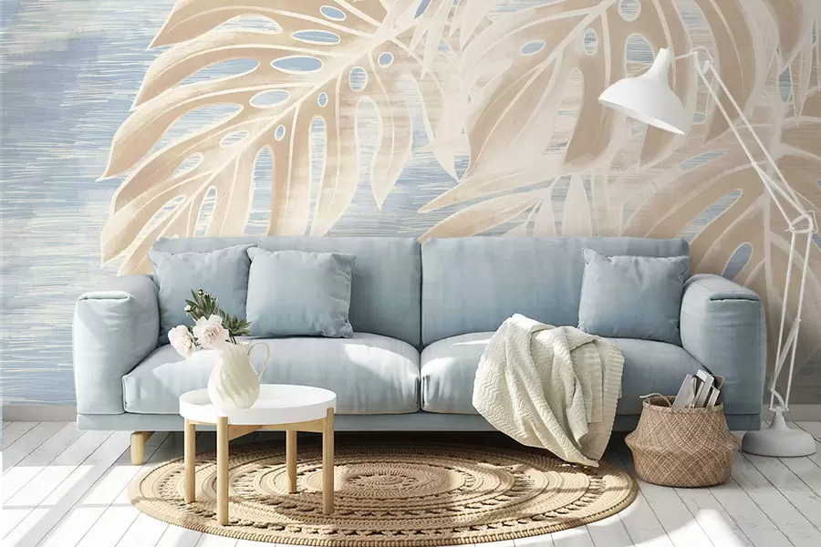 wall murals Апстрактно лишће у топлим беж тоновима на светлој позадини w05130