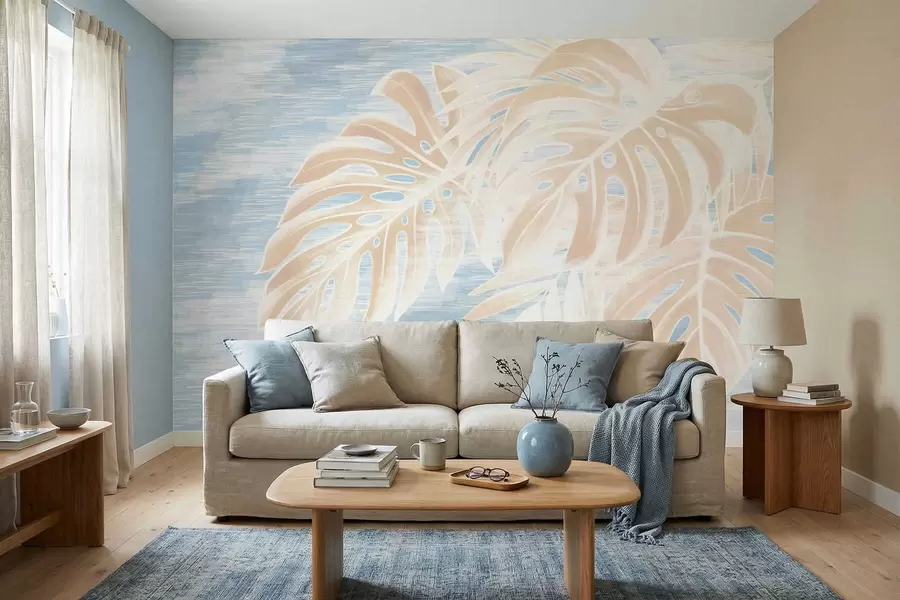 wall murals Апстрактно лишће у топлим беж тоновима на светлој позадини w05130