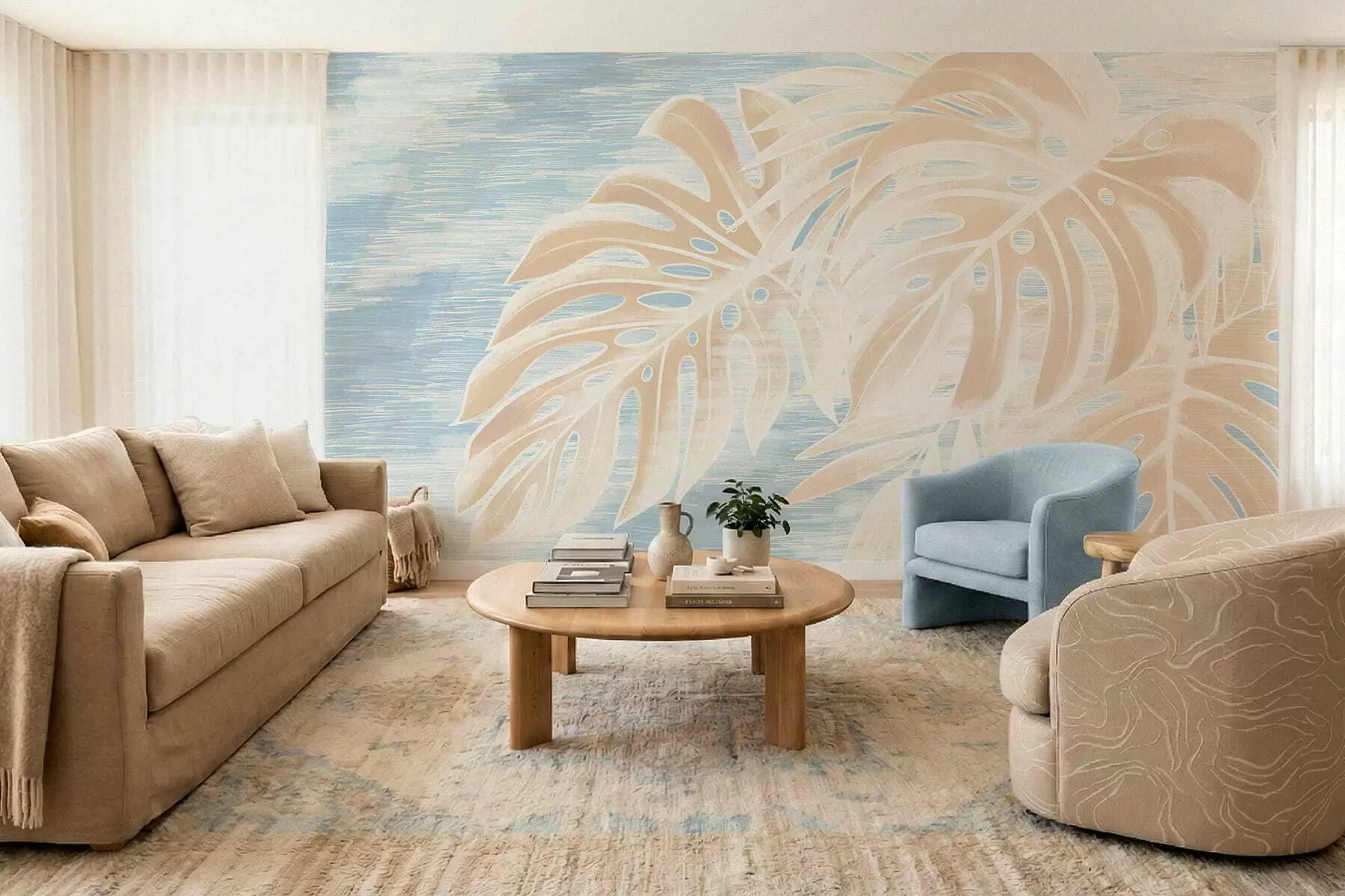 wall murals Апстрактно лишће у топлим беж тоновима на светлој позадини w05130