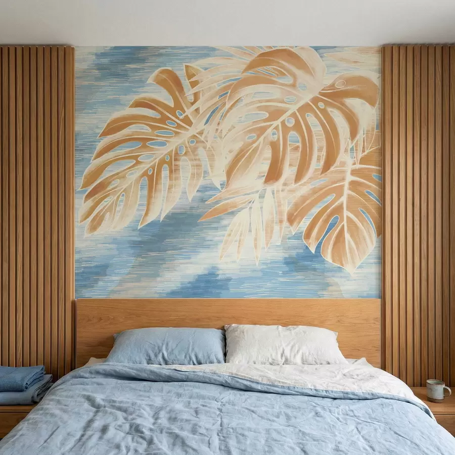 wall murals Листови у светлим пешчаним тоновима на плавој позадини w05130v1