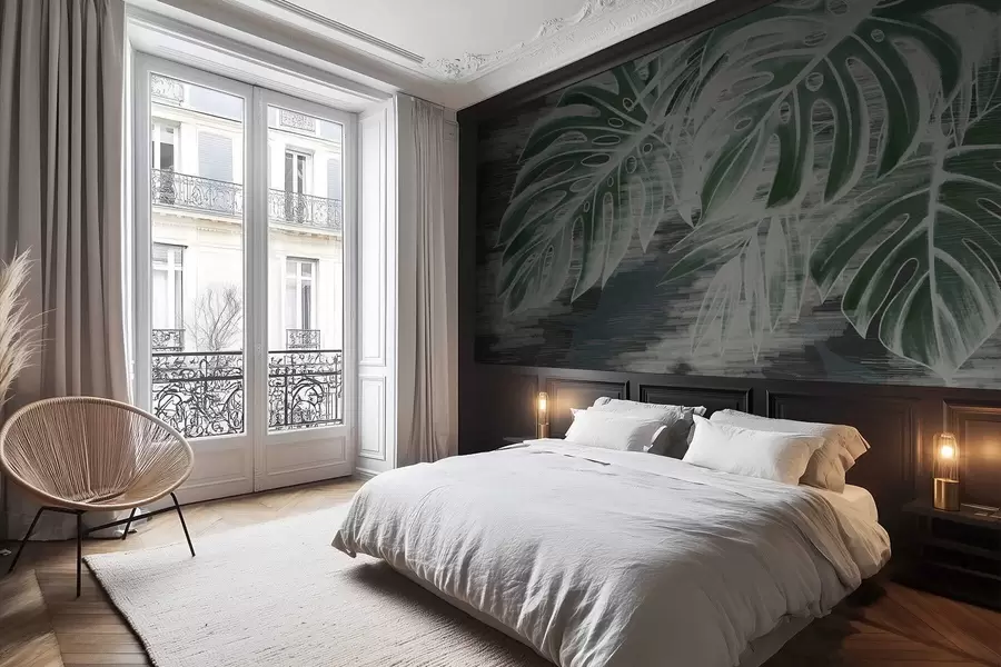 wall murals Тамнозелено лишће на текстурираној тамној позадини w05130v4