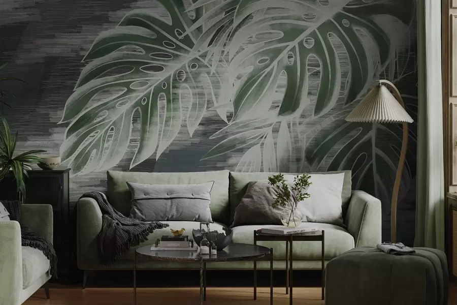 wall murals Тамнозелено лишће на текстурираној тамној позадини w05130v4