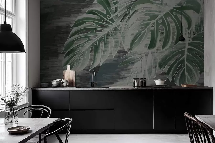 wall murals Тамнозелено лишће на текстурираној тамној позадини w05130v4