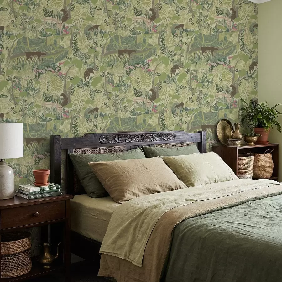 wall murals Шумски пејзаж са животињама и густим лишћем a01108