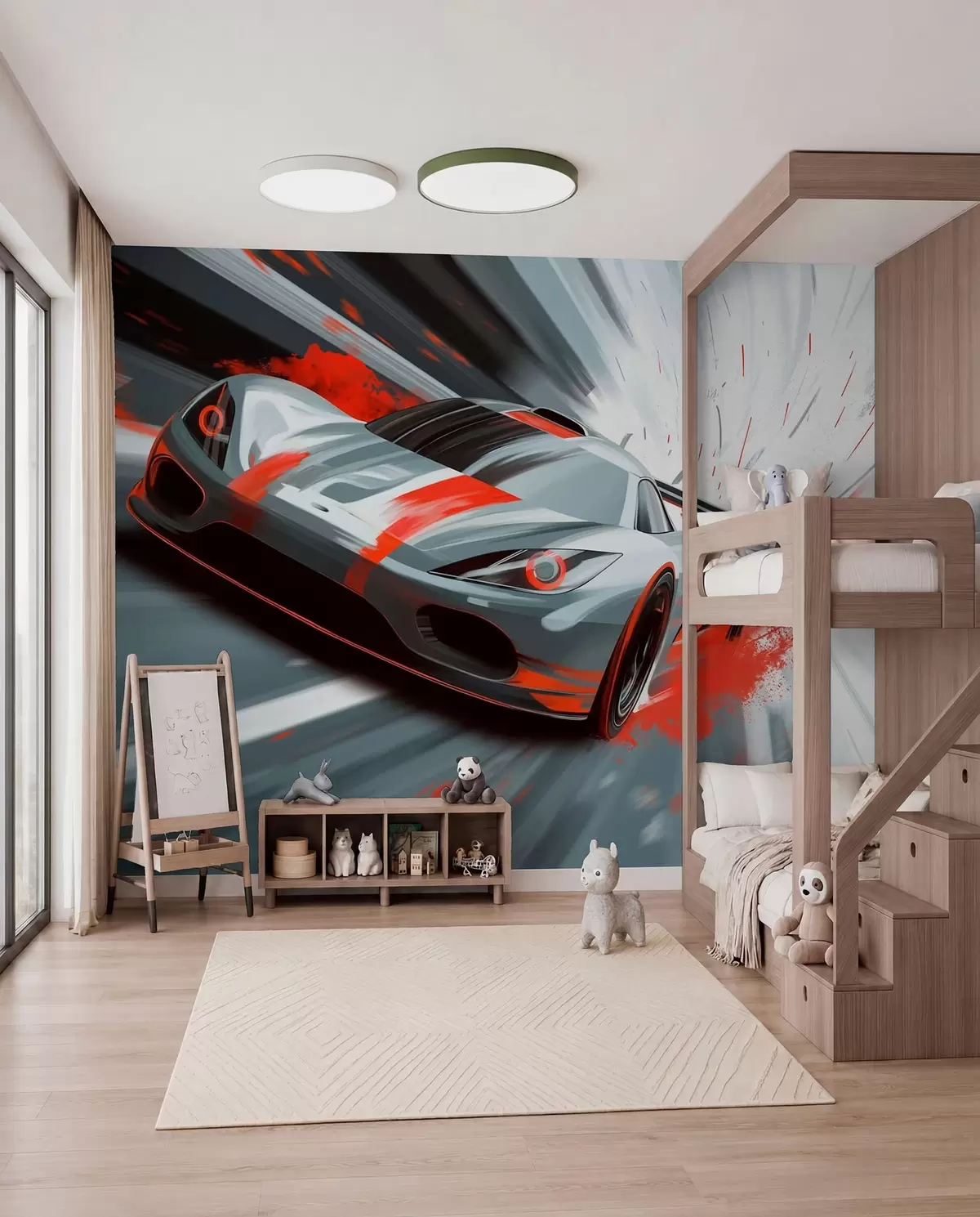 Fototapeta „dinamičan sportski automobil u digitalnom stilu crtanja sa crvenim akcentima“, w05069v1