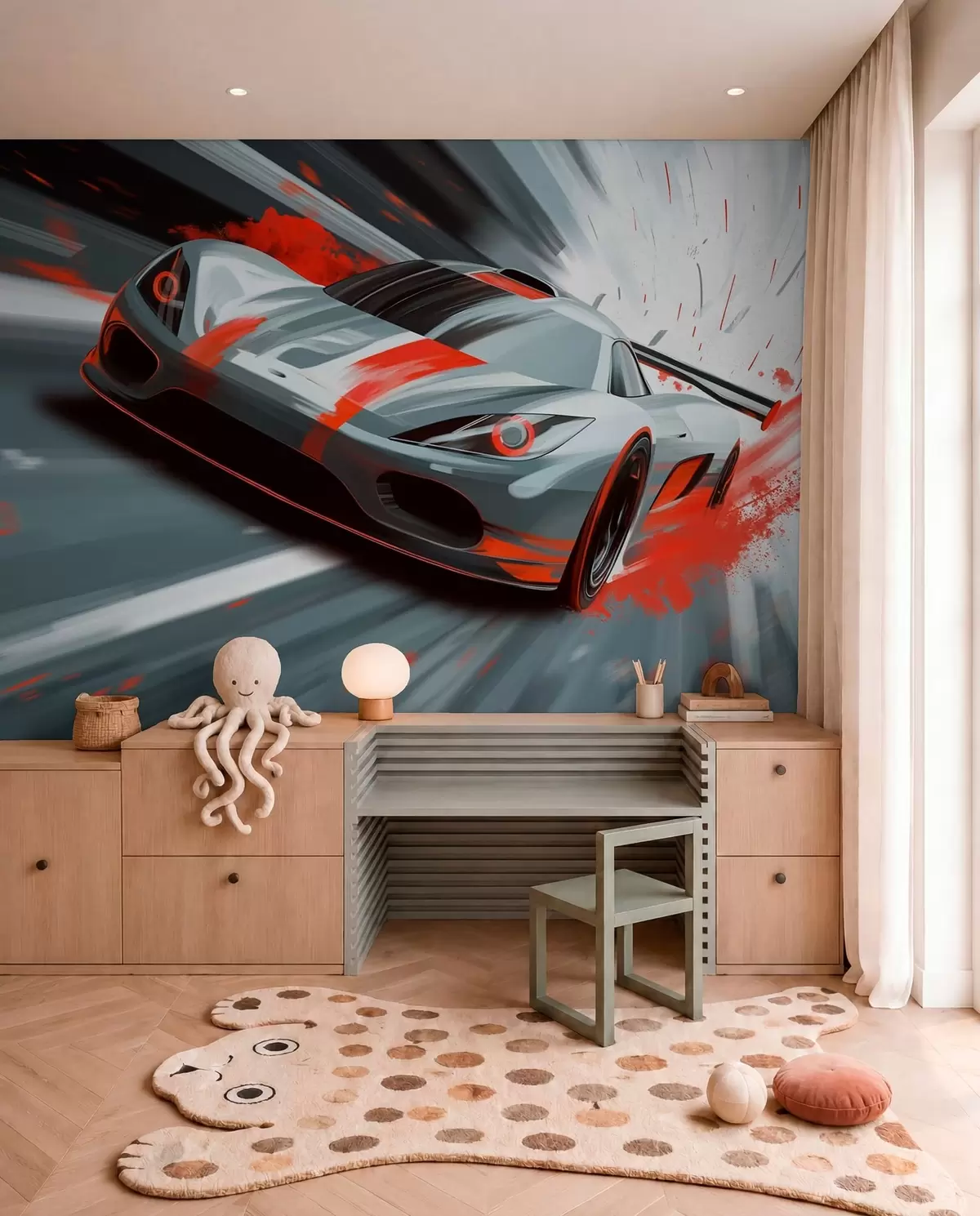 Fototapeta „dinamičan sportski automobil u digitalnom stilu crtanja sa crvenim akcentima“, w05069v1