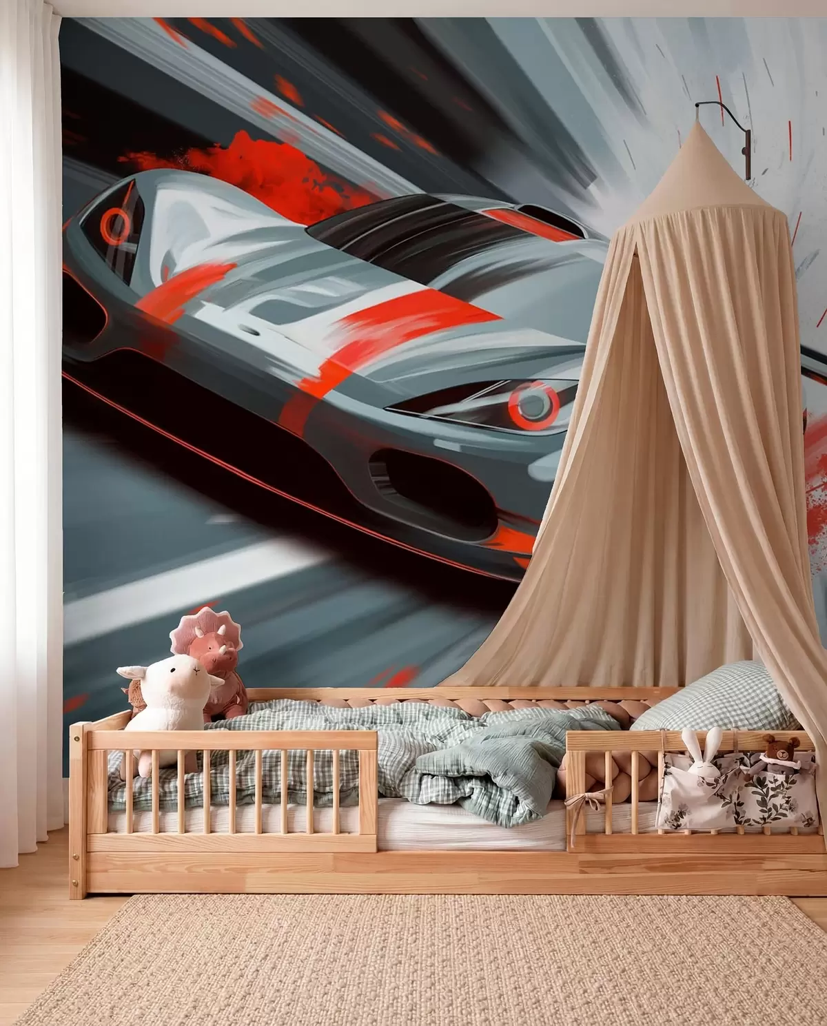 Fototapeta „dinamičan sportski automobil u digitalnom stilu crtanja sa crvenim akcentima“, w05069v1