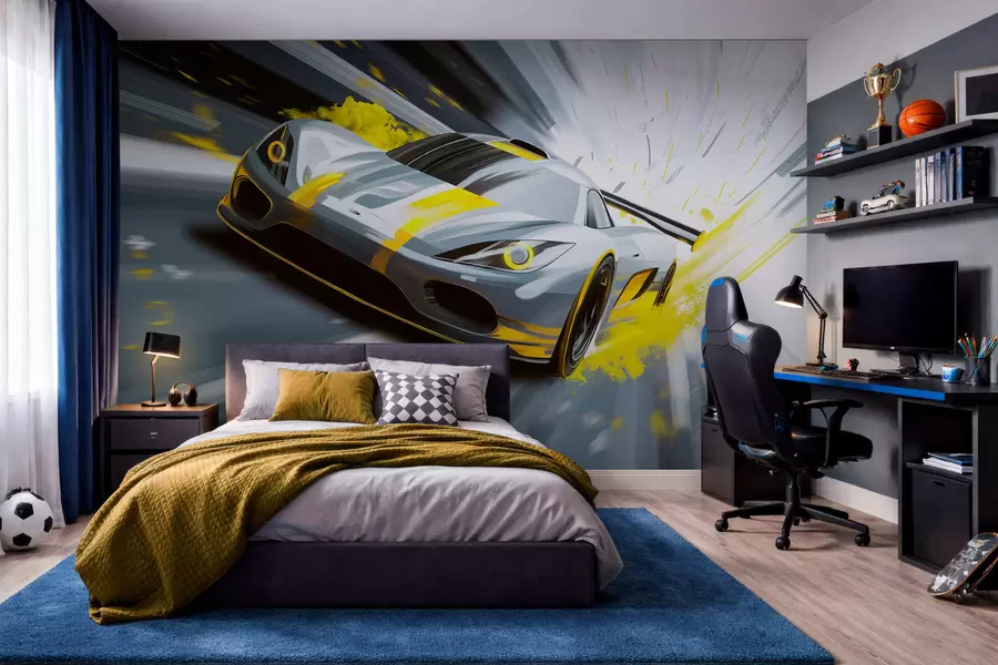 wall murals динамичан спортски аутомобил у дигиталном стилу цртања са жутим акцентима w05069v2