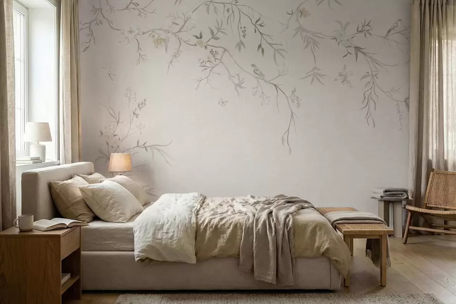 wall murals Нежно цвеће и птице на кредастој позадини w05127