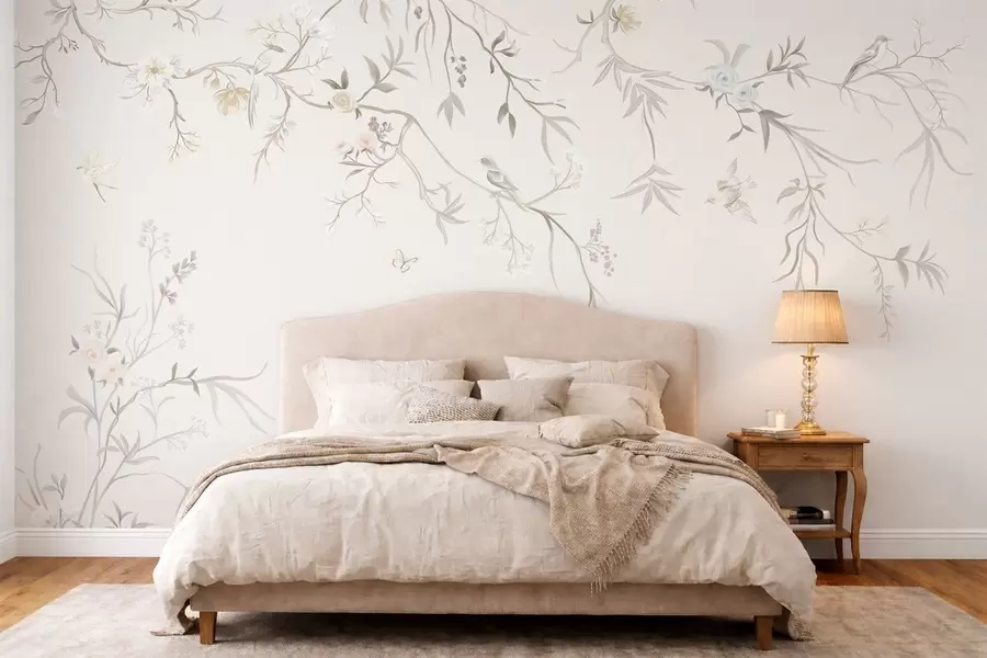 wall murals Нежно цвеће и птице на кредастој позадини w05127