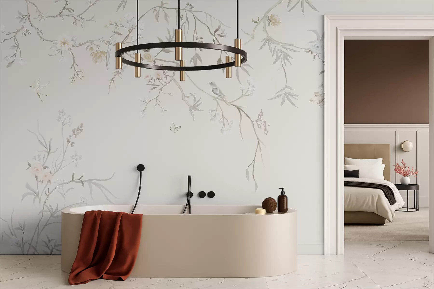 wall murals Нежно цвеће и птице на кредастој позадини w05127