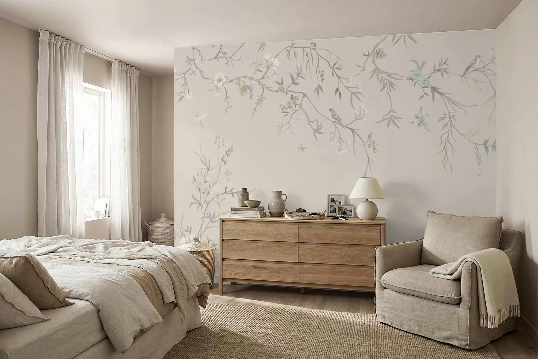 wall murals Светло цвеће и птице на пастелној позадини w05127v2