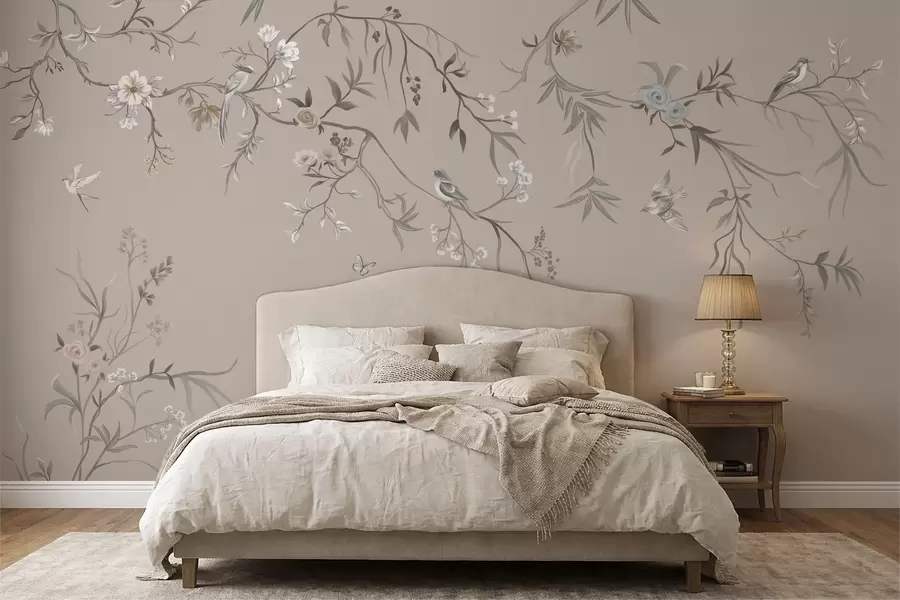wall murals Цветни орнамент са птицама на неутралној позадини w05127v3