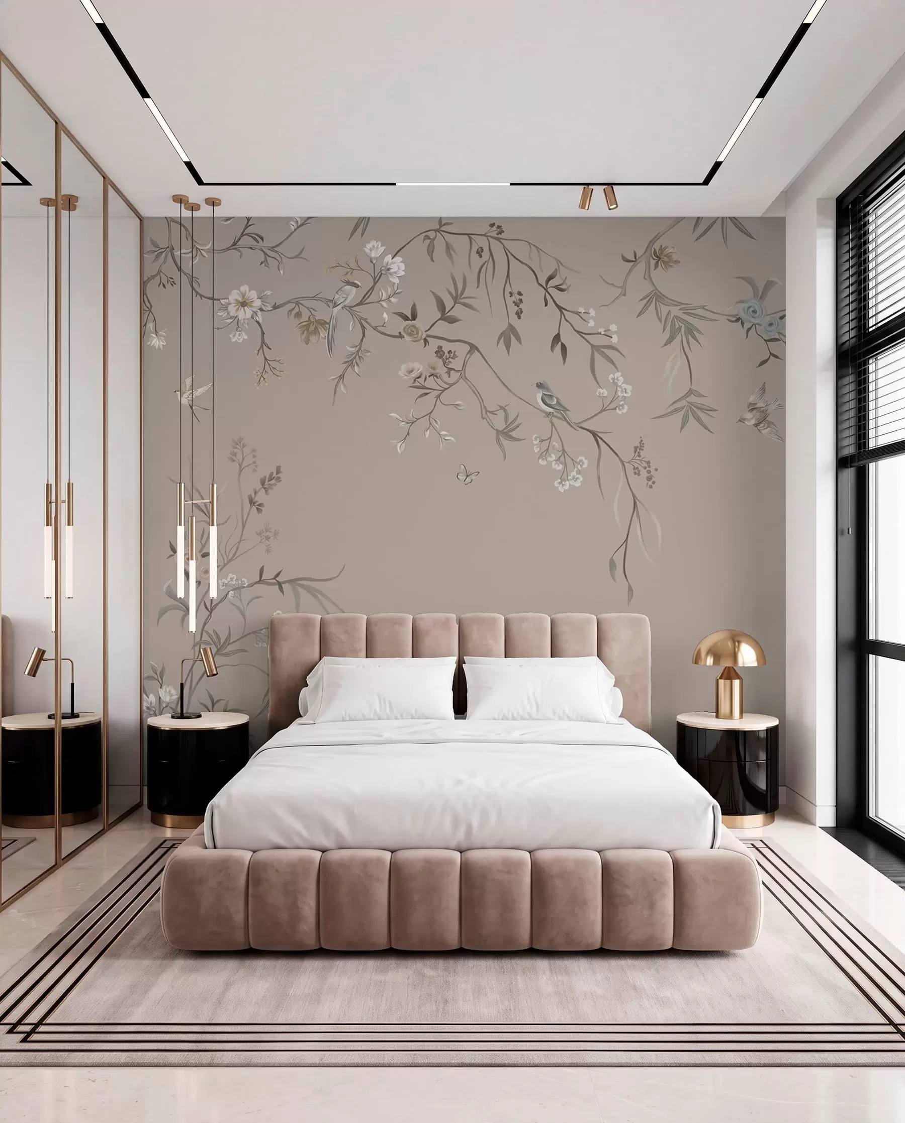 wall murals Цветни орнамент са птицама на неутралној позадини w05127v3