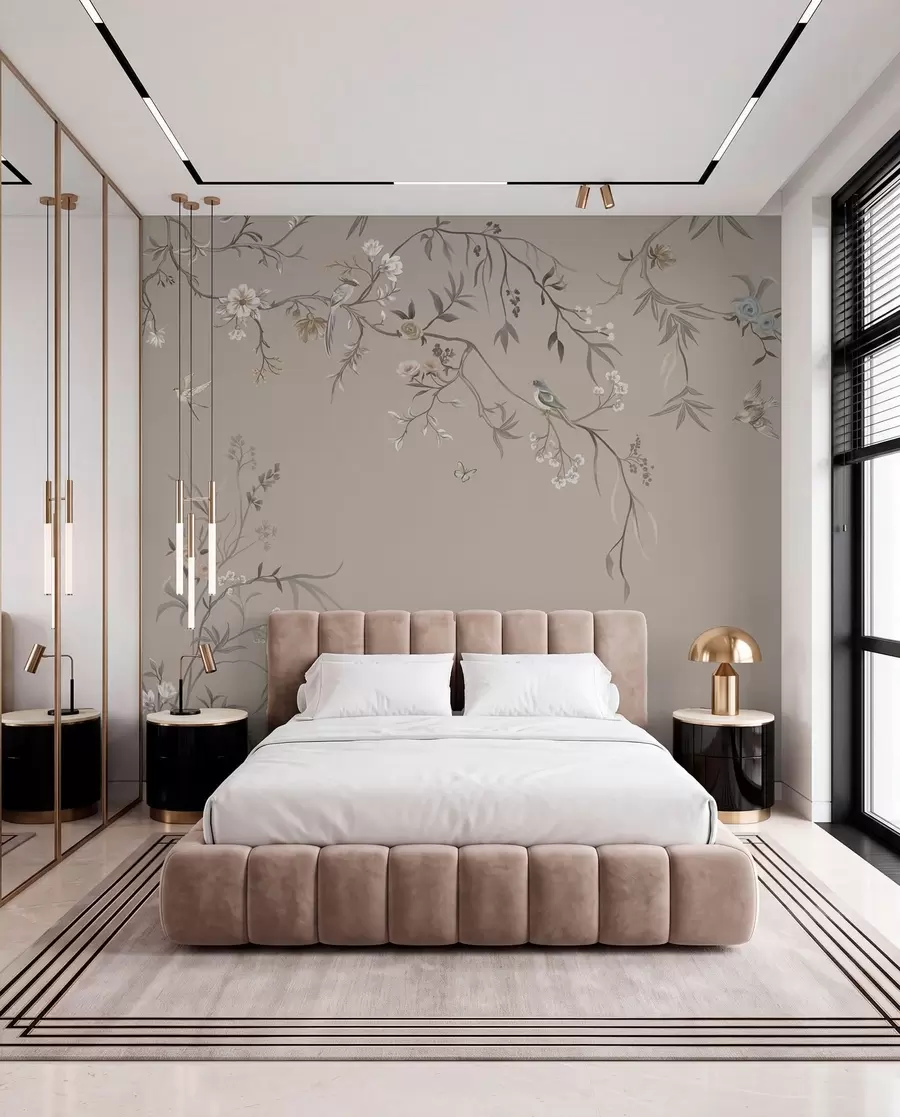 wall murals Цветни орнамент са птицама на неутралној позадини w05127v3