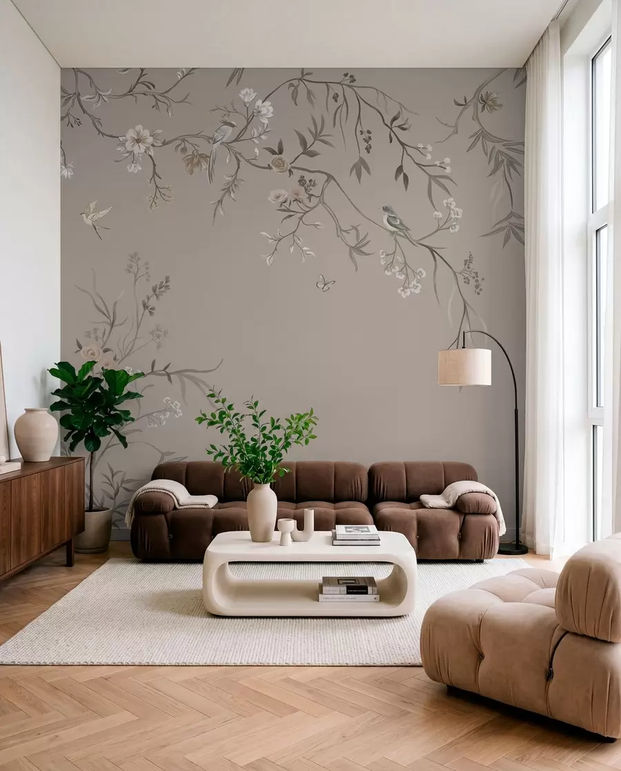 wall murals Цветни орнамент са птицама на неутралној позадини w05127v3