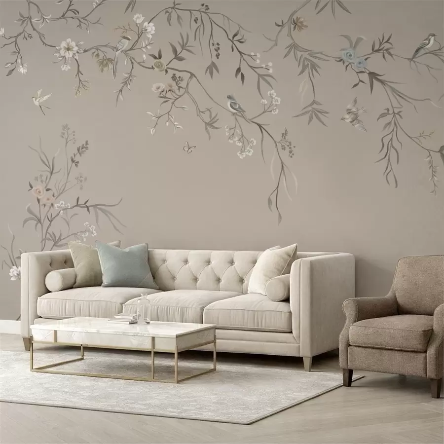 wall murals Цветни орнамент са птицама на неутралној позадини w05127v3