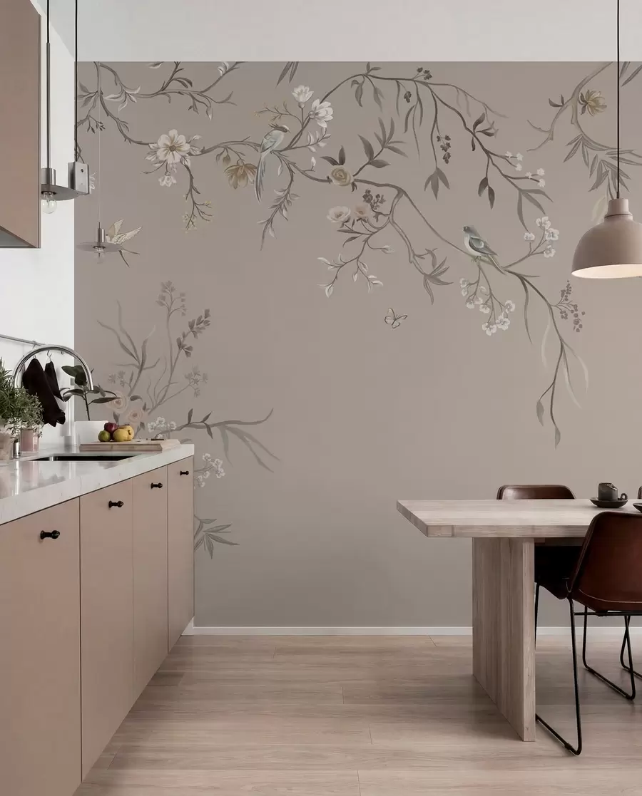 wall murals Цветни орнамент са птицама на неутралној позадини w05127v3
