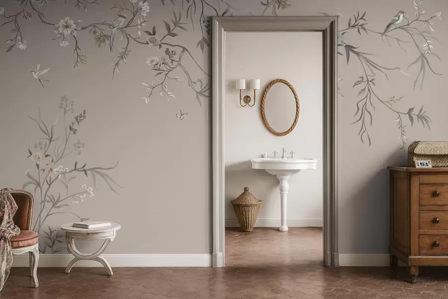 wall murals Цветни орнамент са птицама на неутралној позадини w05127v3