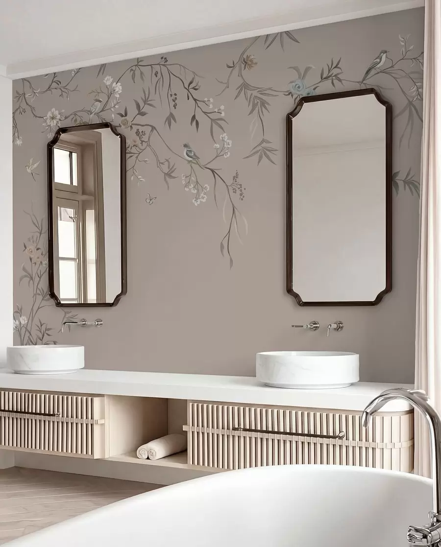 wall murals Цветни орнамент са птицама на неутралној позадини w05127v3