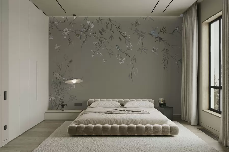 wall murals Цветни мотив са птицама на сивој позадини w05127v4
