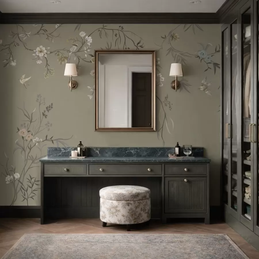wall murals Цветни мотив са птицама на сивој позадини w05127v4