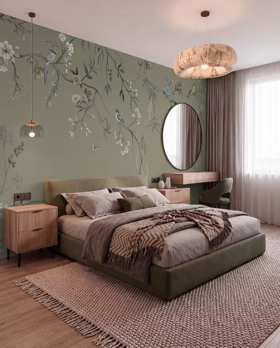 wall murals Цветни мотив са птицама на сивој позадини w05127v4