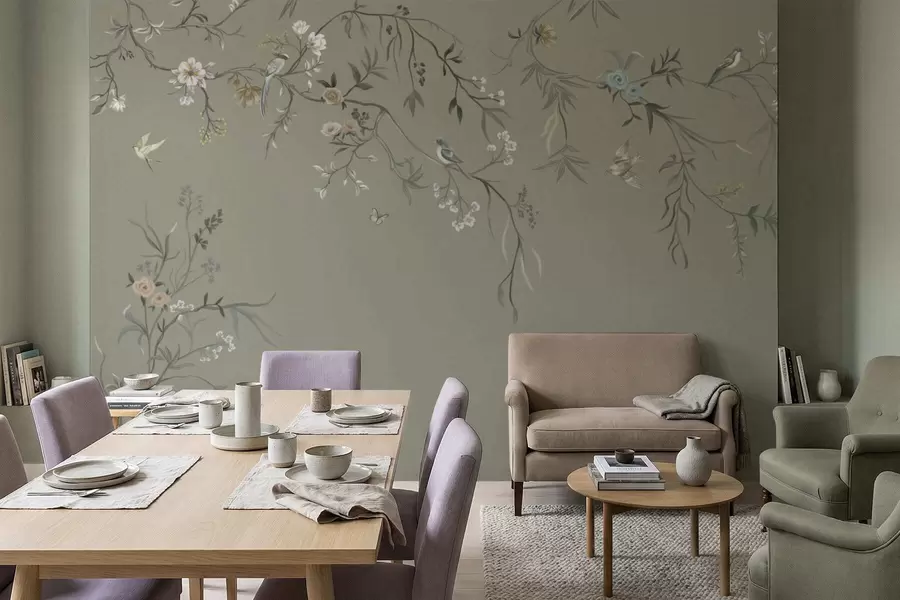 wall murals Цветни мотив са птицама на сивој позадини w05127v4
