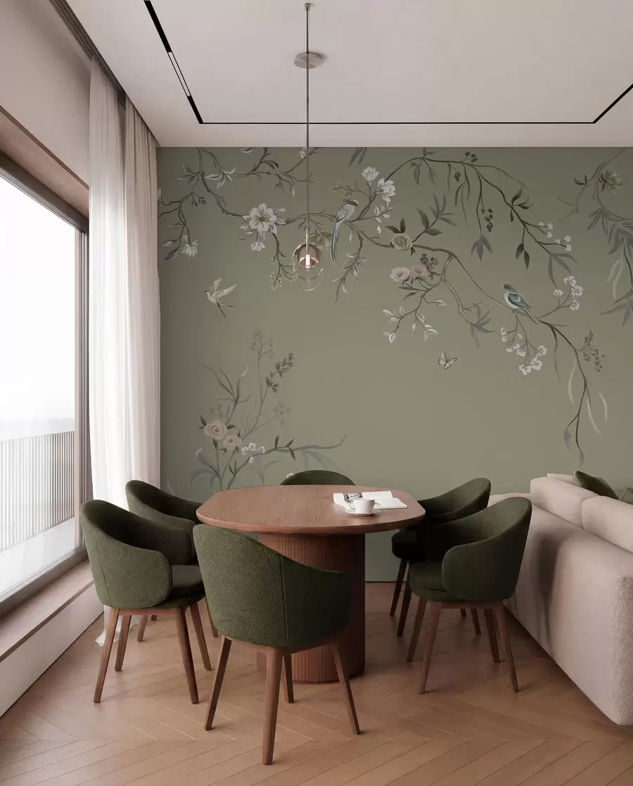 wall murals Цветни мотив са птицама на сивој позадини w05127v4