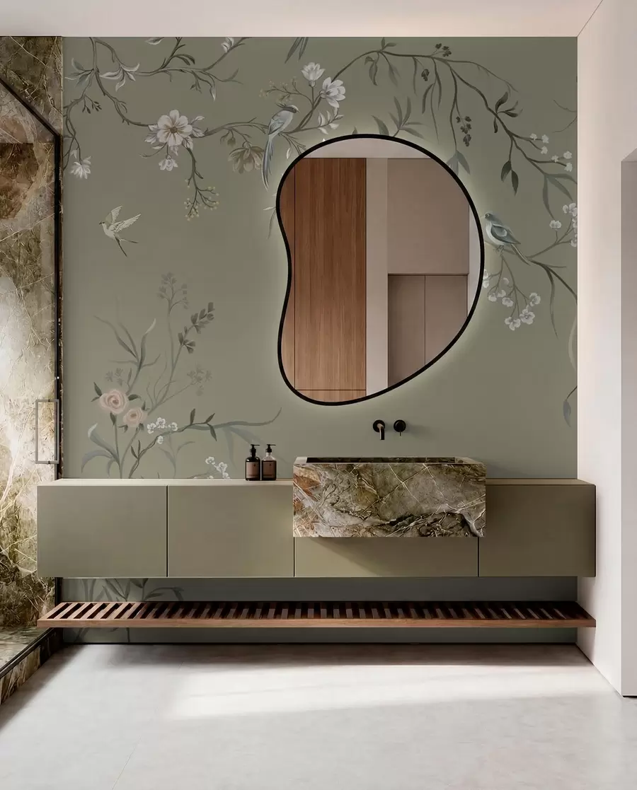 wall murals Цветни мотив са птицама на сивој позадини w05127v4