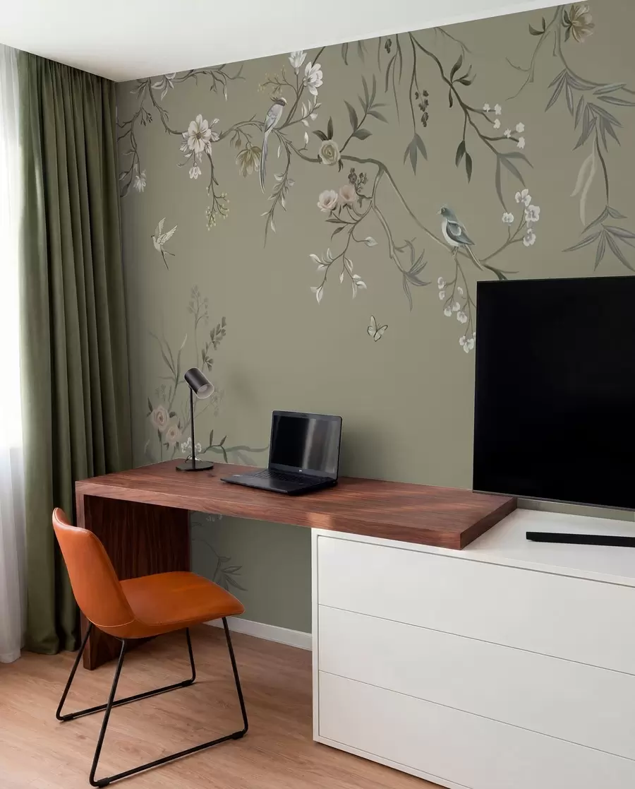 wall murals Цветни мотив са птицама на сивој позадини w05127v4