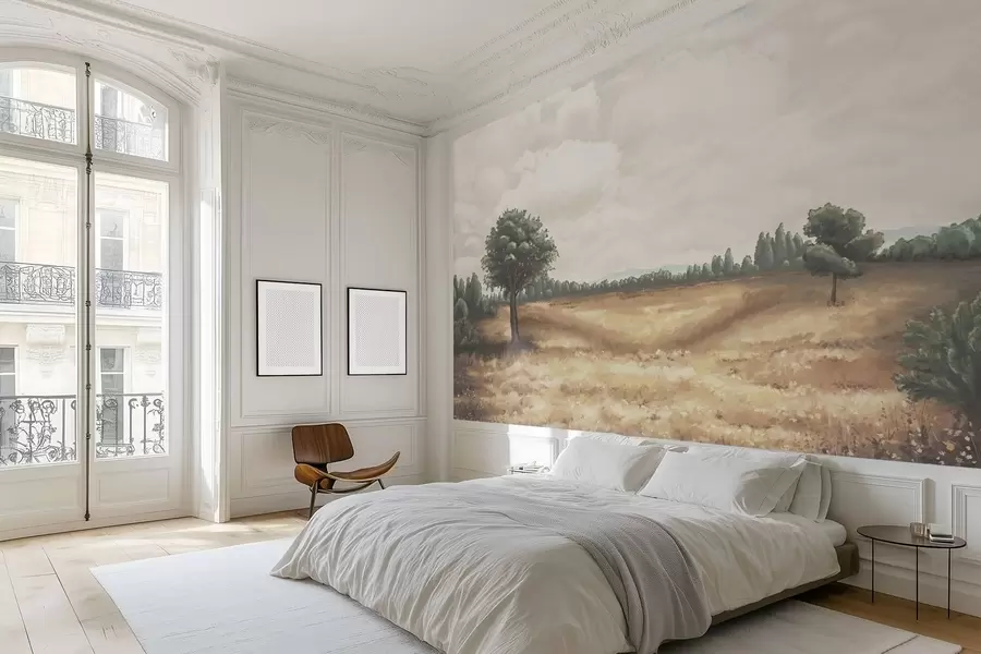 wall murals Осликани пејзаж са дрвећем и отвореним пољем w05131
