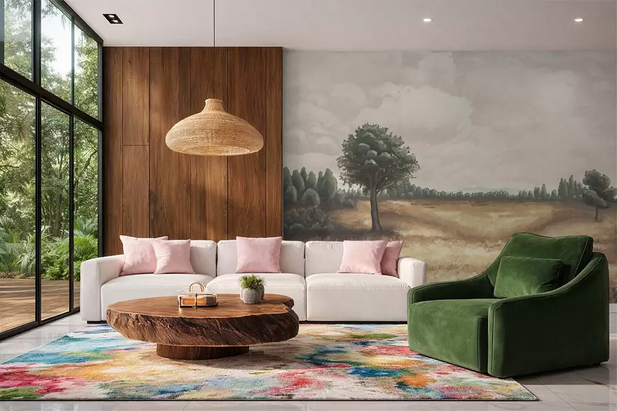 wall murals Осликани пејзаж са дрвећем и отвореним пољем w05131